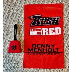 Rapid City RUSH Minor Hockey-Red Cowbell, Noisemaker,& Rush Rally Towel-EUC